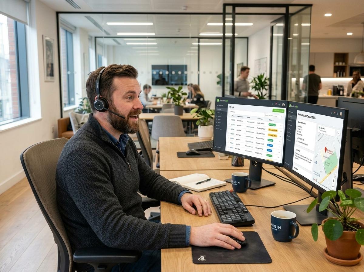Admin support professional on a call at his desk