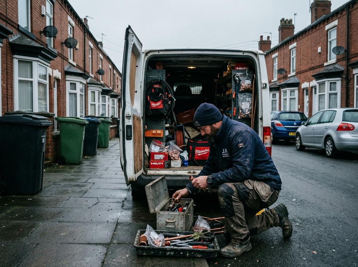 Tradesperson sorting tools by van